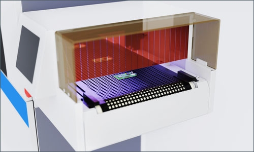 A Dymax UVCS LED Conveyor system light cures a coating applied to a printed circuit board to protect it from harsh environments.